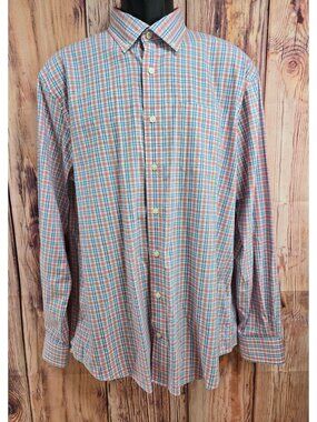 Johnnie-O Prep-Formance Button-Down Shirt Size Large Salmon-Blue Plaid